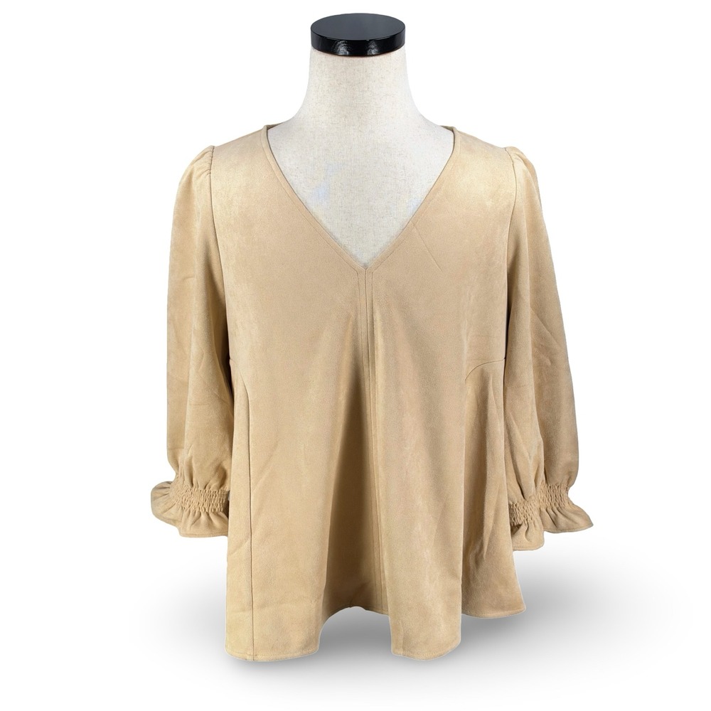 Tuckernuck Easton Tan Faux Suede V-Neck Peplum Blouse Smocked Ruffle Sleeve XL